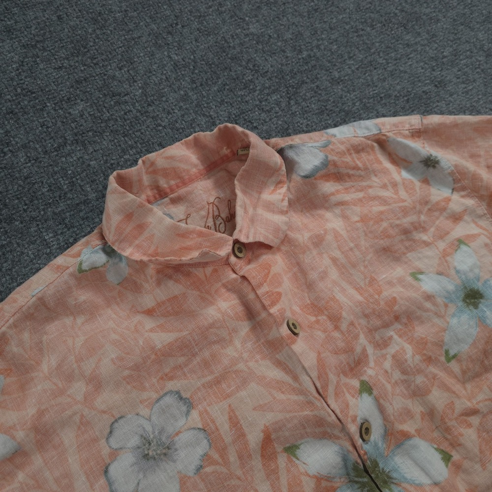 Tommy Bahama Shirt Mens Large Pink Floral 100% Linen Hawaiian Aloha Casual Beach